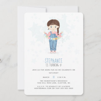 Birthday Girl in Overalls Brunette Einladung
