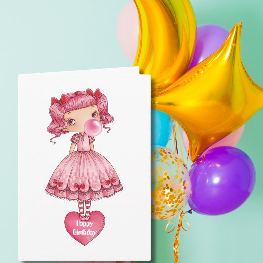 Birthday Girl in Pigtails Lolita Kleid Rosa Blase Karte
