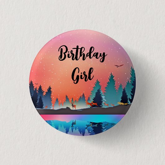 Birthday Girl Landschaftlicher Wintersee mit Hirsc Button (Vorderseite)