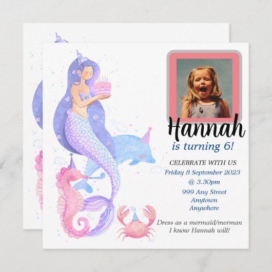 Birthday Girl Mermaid Thema Einladung (Vorne/Hinten)