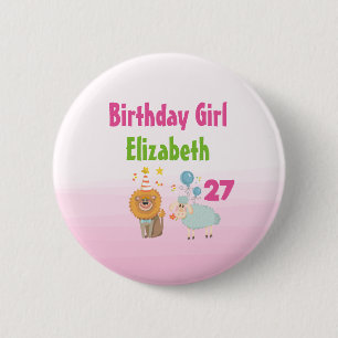 Birthday Girl mit Party Lion und Balloon Sheep Button