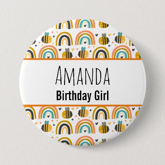 Birthday Girl Niedlich Bumble Bee and Rainbows Mus Button (Vorderseite)
