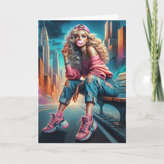 Birthday Girl on City Bench Karte (Vorderseite)