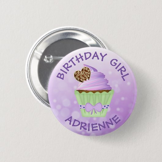 Birthday Girl Personalisierter Lila Cupcake Button (Vorne & Hinten)