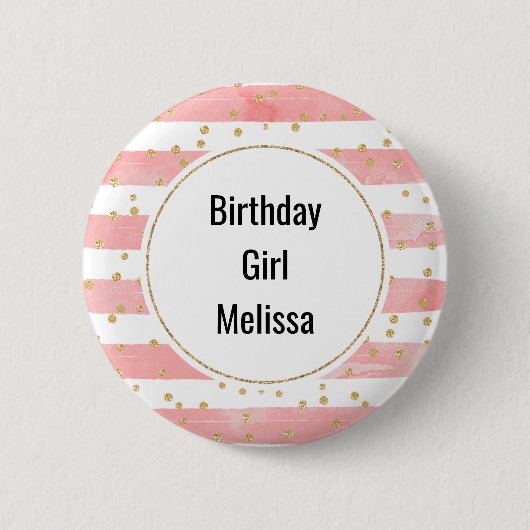Birthday Girl Pink Blush Stripes | Gold Confetti Button (Vorderseite)