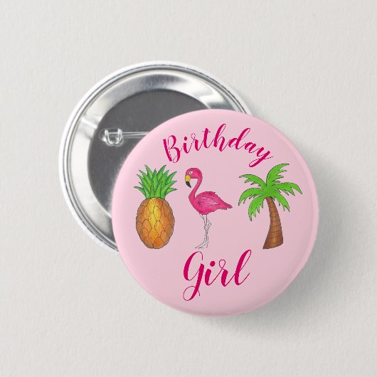 Birthday Girl Pink Flamingo Palm Tree Ananas Button (Vorne & Hinten)