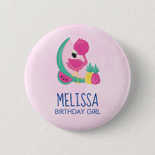 Birthday Girl Pink Flamingo Tropische Früchte Button