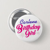 Birthday Girl Pink Text Graphic with NAME on WHITE Button (Vorne & Hinten)
