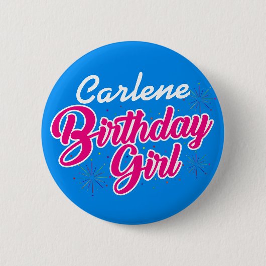 Birthday Girl Pink Typografie mit NAME auf BLUE Button (Vorderseite)