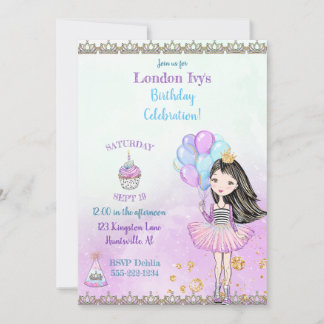 Birthday Girl Princess Cupcake Balloons Lavender Einladung