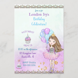 Birthday Girl Princess Cupcake Balloons Lavender Einladung
