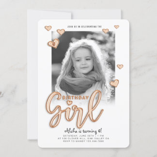 Birthday Girl Rose Gold Foil Ballon Text Foto Einladung