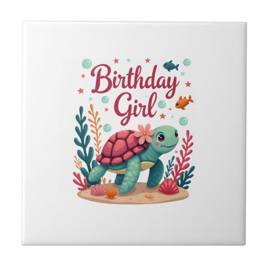 Birthday Girl Sea Turtle Theme Birthday Party Ocea Fliese (Vorderseite)