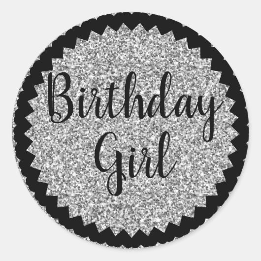Birthday Girl Silver Glitzer Classic Round Sticker (Vorderseite)