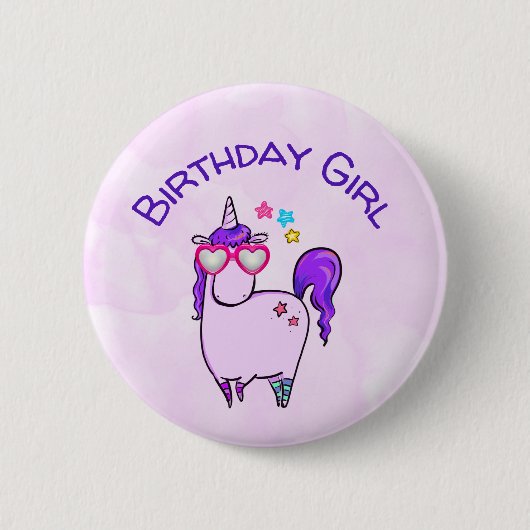 Birthday Girl Unicorn in Heart Shaped Glasses Button (Vorderseite)