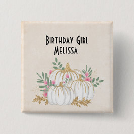 Birthday Girl White and Gold Pumpkins Wassercolor Button