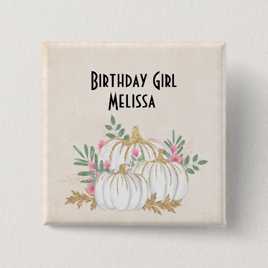 Birthday Girl White and Gold Pumpkins Wassercolor Button (Vorderseite)