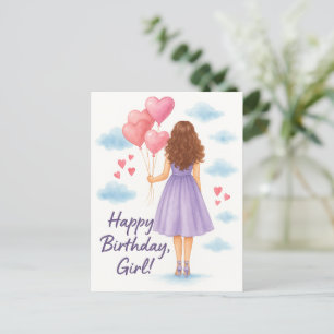 Birthday Girl with Balloons - Aquarell Gruß Postkarte