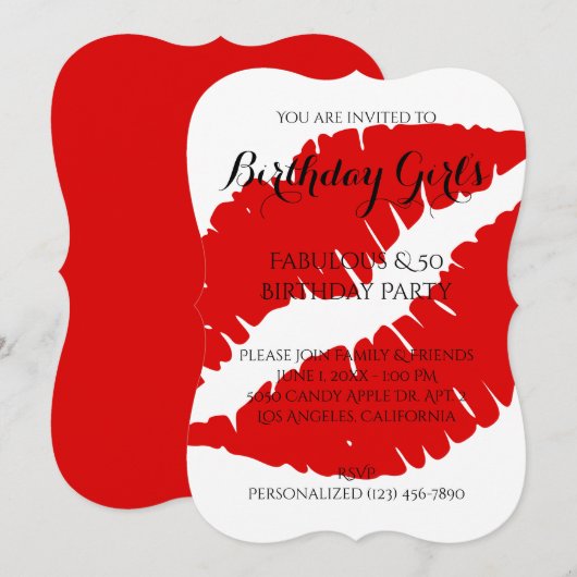 Birthday Girl's Fabulous & 50 Bright Red Lipstick Einladung (Vorne/Hinten)