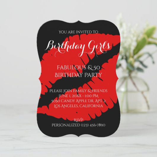 Birthday Girl's Fabulous & 50 Bright Red Lipstick Einladung (Stehend Vorderseite)