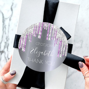 Birthday glitter silver purple sparkle Thank You Runder Aufkleber
