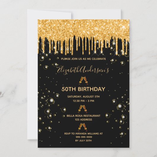 Birthday Glitzer Schwarze goldene Funkelglasur Par Einladung (Vorderseite)
