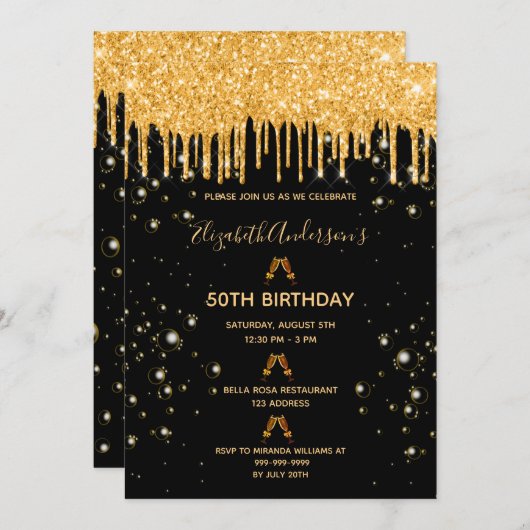 Birthday Glitzer Schwarze goldene Funkelglasur Par Einladung (Vorne/Hinten)