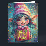Birthday Gnome - Happy Birthday Sister Karte<br><div class="desc">Feiern Sie den besonderen Tag Ihrer Schwester mit dieser bezaubernden und skurrilen Geburtstagsknomik! Mit einem fröhlichen, mit Augen Gnome mit blauen Haaren, einem rosa gestreiften Hut und einem wunderschön umhüllten Geschenk mit dem Aufdruck "Happy Birthday Sister"... Glitzern mit schwebenden Konfetti, Bändern und einer traumhaften Fantasieatmosphäre, die es zur idealen Wahl...</div>