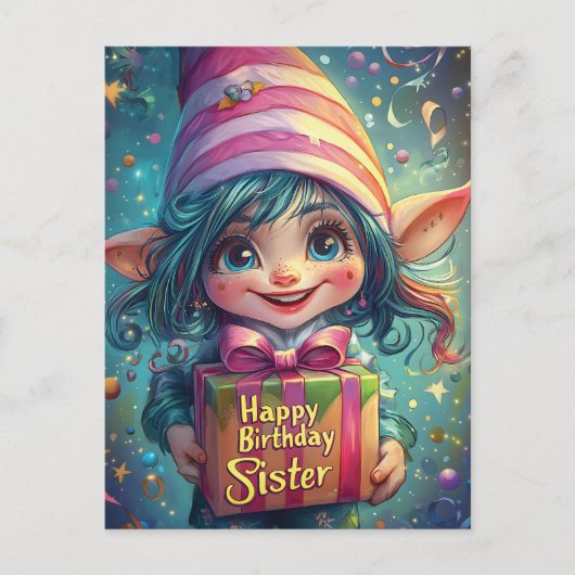 Birthday Gnome - Happy Birthday Sister Postkarte (Vorderseite)
