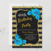 Birthday Gold Black Stripes Glitzer Blau Rose Einladung (Vorderseite)