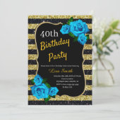 Birthday Gold Black Stripes Glitzer Blau Rose Einladung (Stehend Vorderseite)