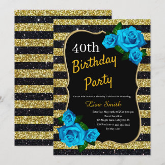 Birthday Gold Black Stripes Glitzer Blau Rose Einladung