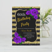 Birthday Gold Black Stripes Glitzer Lila Rose Einladung (Stehend Vorderseite)