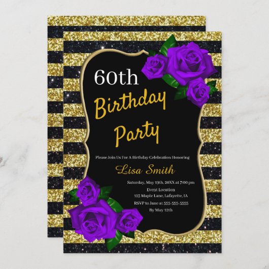 Birthday Gold Black Stripes Glitzer Lila Rose Einladung (Vorne/Hinten)