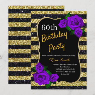 Birthday Gold Black Stripes Glitzer Lila Rose Einladung