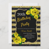 Birthday Gold Black Strips Glitzer Gelbe Rosen Einladung (Vorderseite)