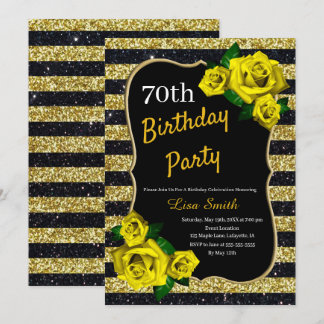 Birthday Gold Black Strips Glitzer Gelbe Rosen Einladung
