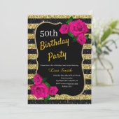 Birthday Gold Black Strips Glitzer Roses Einladung (Stehend Vorderseite)