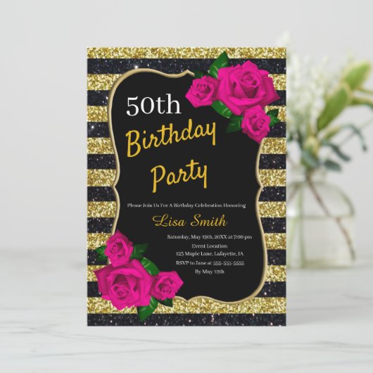 Birthday Gold Black Strips Glitzer Roses Einladung (Stehend Vorderseite)
