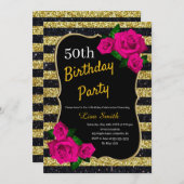 Birthday Gold Black Strips Glitzer Roses Einladung (Vorne/Hinten)
