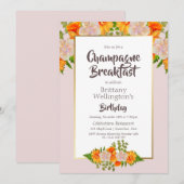 Birthday Gold Blush Floral Champagne Frühstück Einladung (Vorne/Hinten)