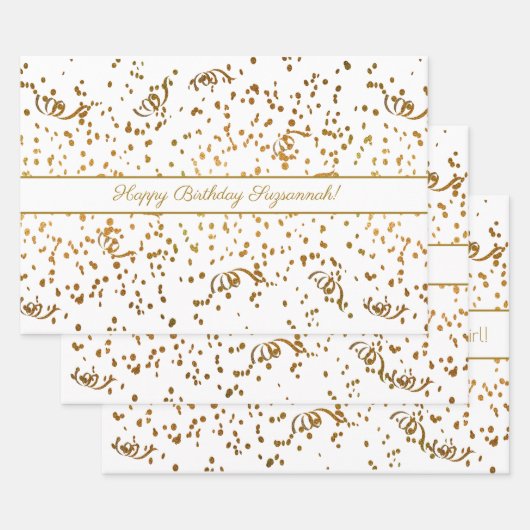 Birthday Gold Confetti Streamers Drei Vorlage Geschenkpapier Set (Set)