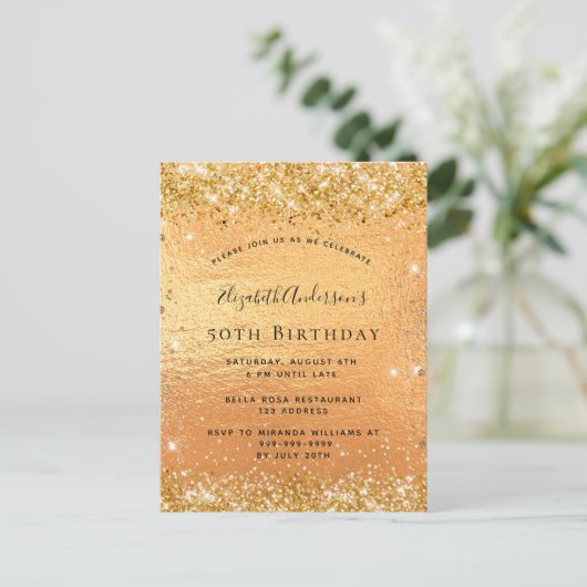 Birthday Gold Glitzer glamourös Einladungspostkarte (Stehend Vorderseite)