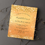 Birthday Gold Glitzer glamourös Einladungspostkarte<br><div class="desc">Für eine elegante 50. Geburtstagsfeier (oder jedes Alter). Ein goldfarbener Hintergrund. Dekoriert mit Imitat Glitzer. Personalisieren und fügen Sie einen Namen und Party-Details hinzu. Der Name wird mit einem handgeschriebenen Stilskript geschrieben</div>
