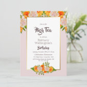 Birthday Gold Rosa Rosa Rosa Blütenblume Hoher Tee Einladung (Stehend Vorderseite)