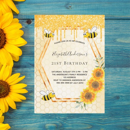 Birthday goldbumble Bienen Sonnenblumen Glitzer Einladung
