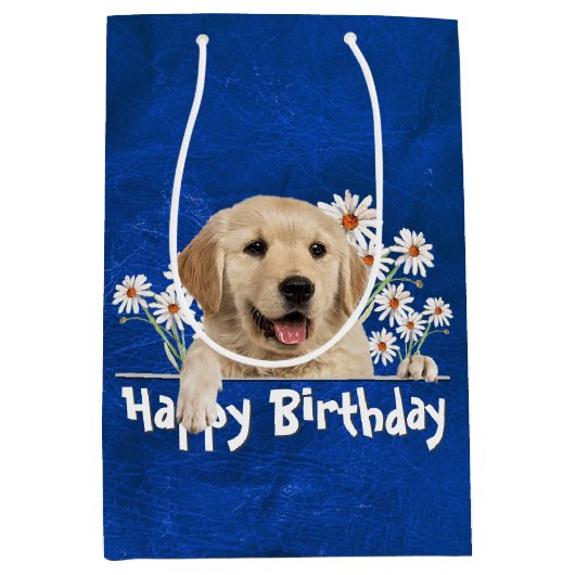 Birthday Golden Retriever auf blaues Leder Mittlere Geschenktüte (Vorderseite)
