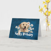 Birthday Golden Retriever auf Blue Leather Karte (Gelbe Blume)