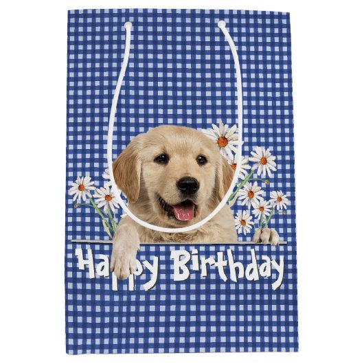 Birthday Golden Retriever auf Gingham Mittlere Geschenktüte (Vorderseite)