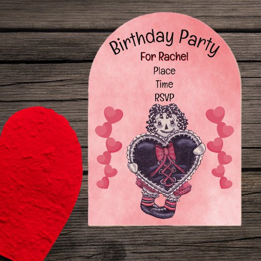 Birthday Gothic Rag Doll Black Heart Lace Pink Acryleinladungen
